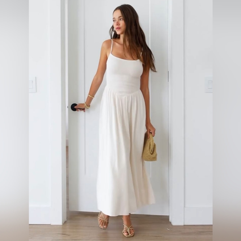 Dynamite V Drop Waist Cream Midi Dress 100% Cotton